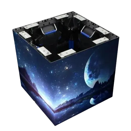 Cube-shaped LED display showing vibrant night sky visual