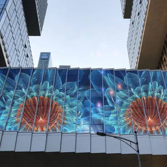 Transparent outdoor LED display showing flowers on building