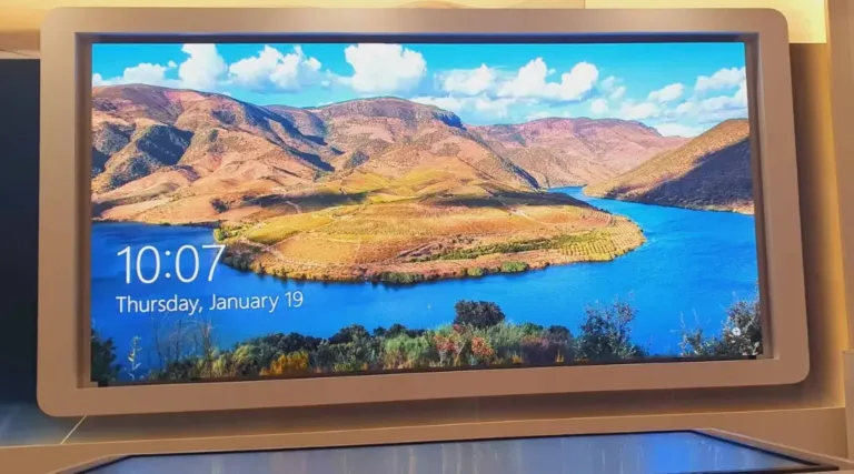 LED screen displaying lake and mountain scenic view