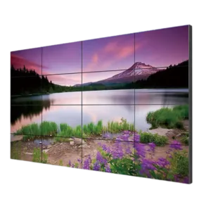 LCD display showing mountains and colorful flowers scenic view