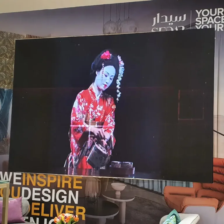 Store LED display panel showing woman showcasing products