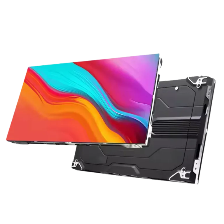 Indoor LED screen panel displaying colorful swirl pattern