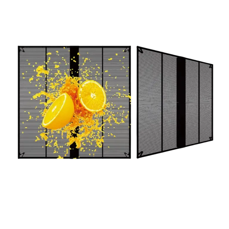 Transparent LED screen panels showing lemon visuals