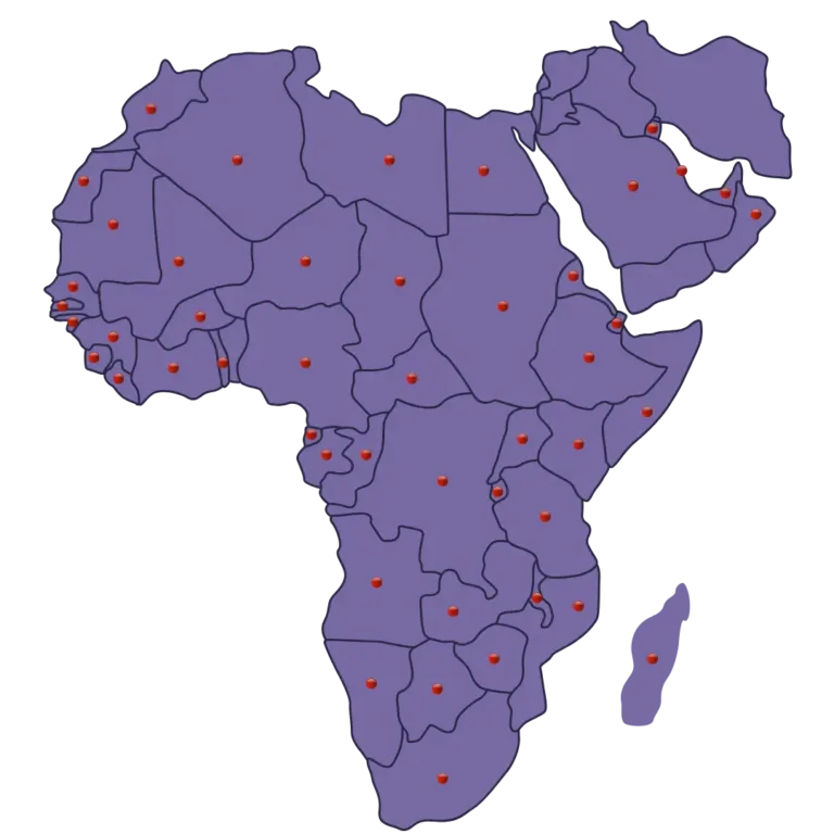 A detailed map of Africa and middle east highlighting the specific location of the country in focus.