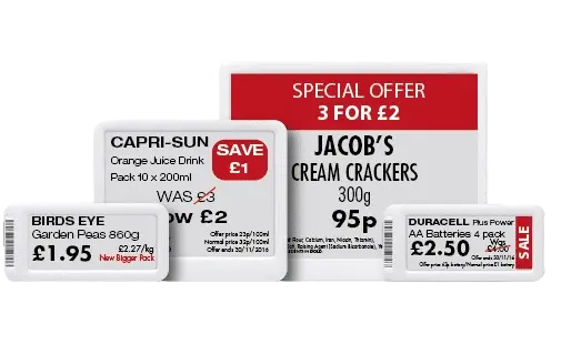 Multiple digital price tags displaying prices for different items