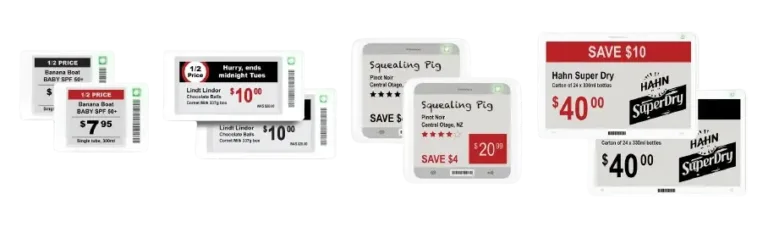Four electronic shelf labels showing different products and prices