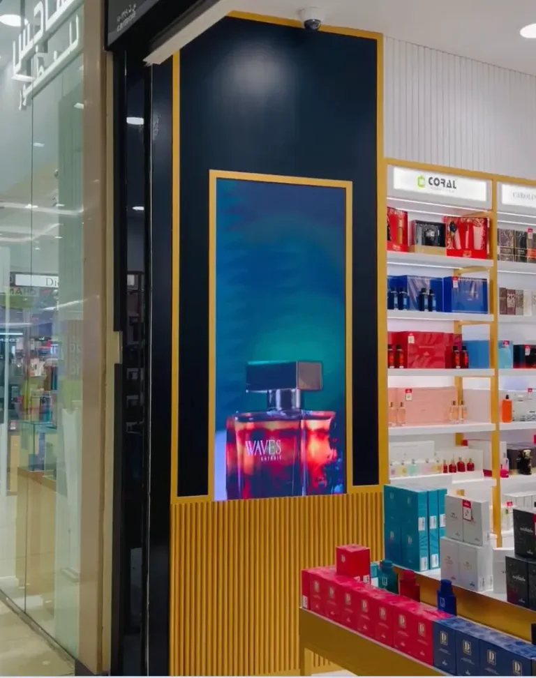 Perfume store highlighted by front indoor LED display