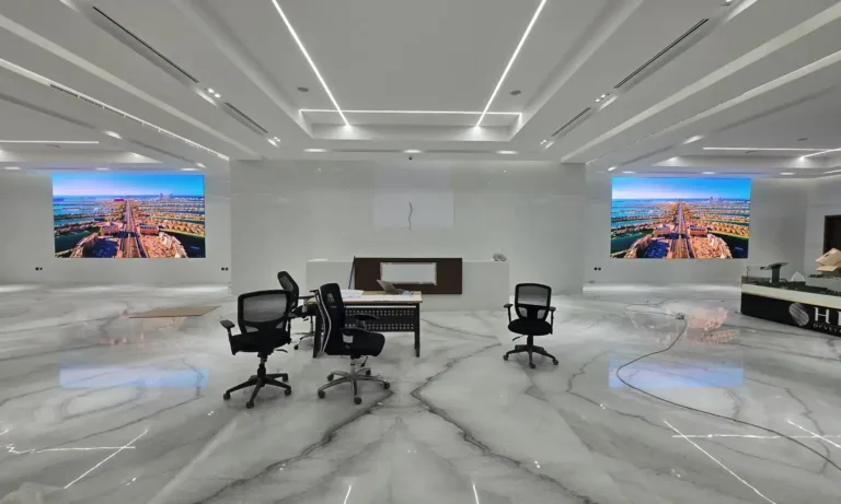Stylish office with large indoor LED wall screens