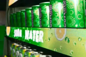 Electronic shelf display showing a soda water advertisement