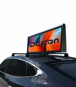 Yellow taxi fitted with a rooftop LED advertising display