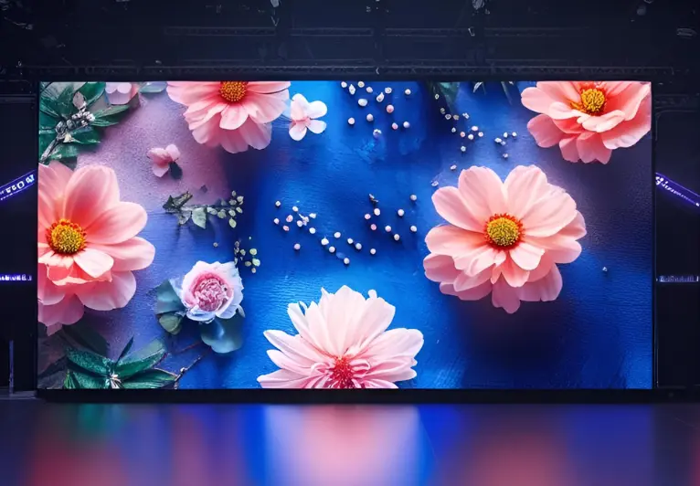 LED digital screen displaying floral visual with various flowers