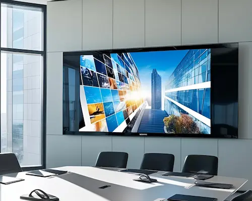 LED wall display showing Dubai buildings in a meeting room