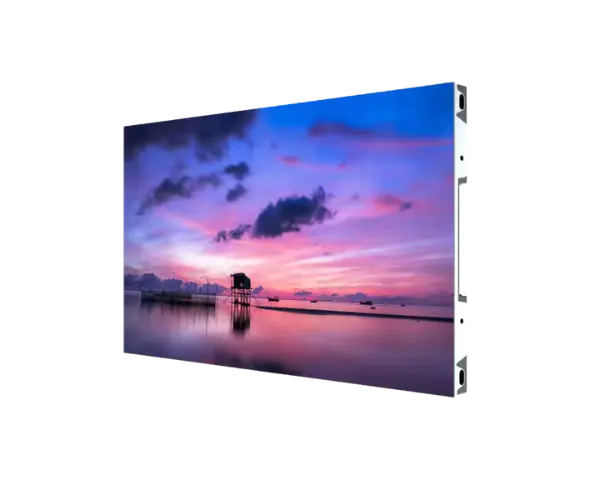Indoor LED screen displaying a sunset reflected on calm water
