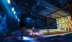 People enjoying a colorful immersive LED display room