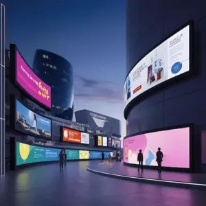 A variety of wall-mounted LED screens displaying different retail advertisements