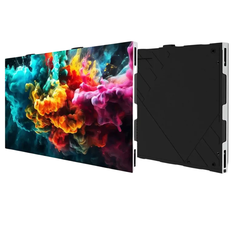 LED screen cabinet displaying multicolored flame effect