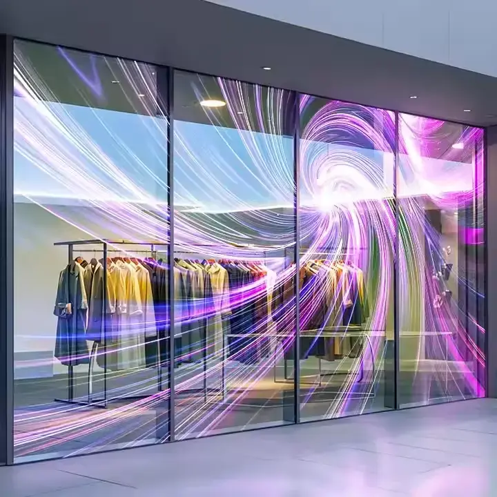 Semi transparent LED screen installed on store glass window