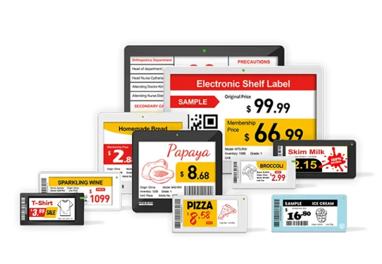 Electronic shelf labels displaying various product details and prices
