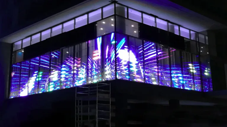 Transparent LED display curtain enhancing building exterior desig