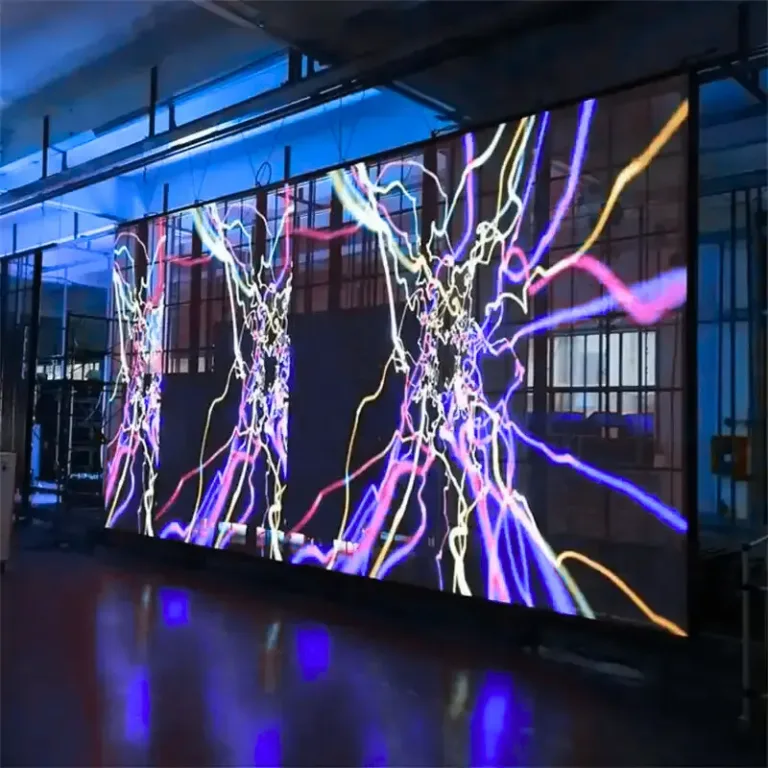 Transparent LED screen shining with bright colorful lights
