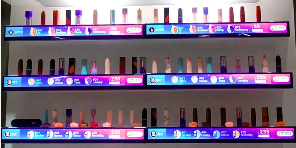 Digital shelf display showing colorful nail polish products