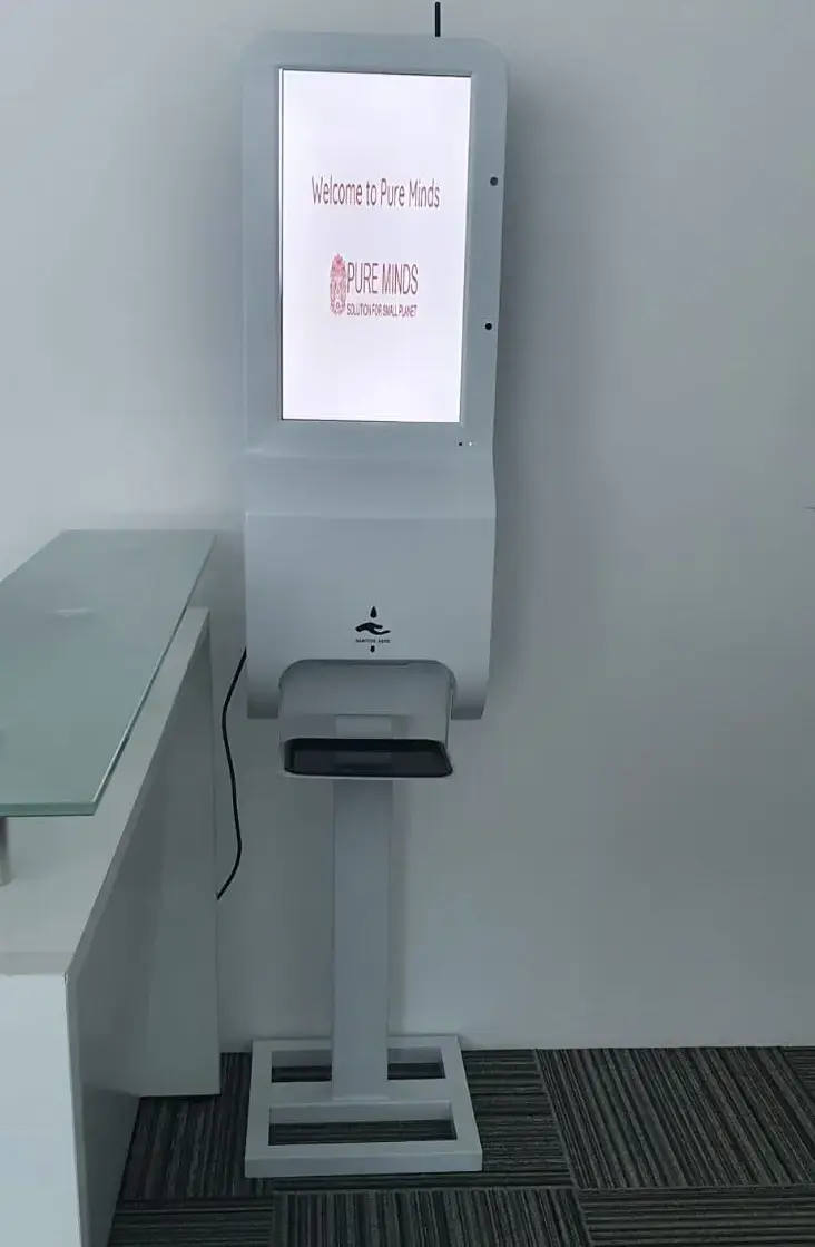 LCD kiosk screen displaying virtual reality welcome message