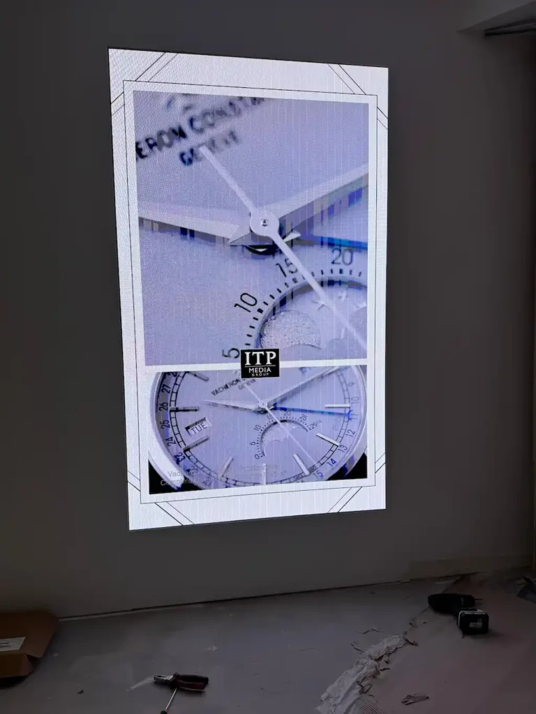 Indoor LED screen showcasing luxury watch display