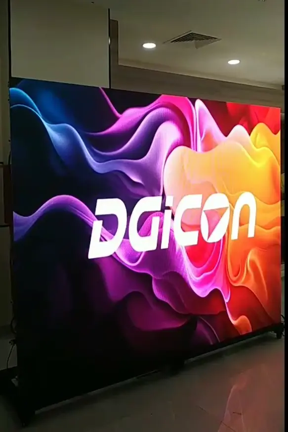 Indoor LED screen displaying DGICON brand name
