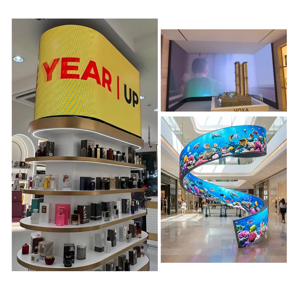 Three flexible LED display screens shown together