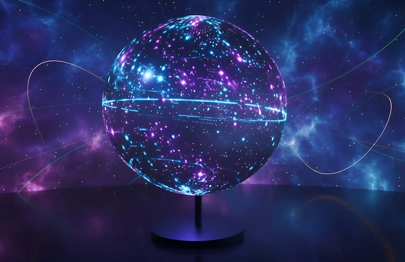 Spherical LED display showing stars and planets