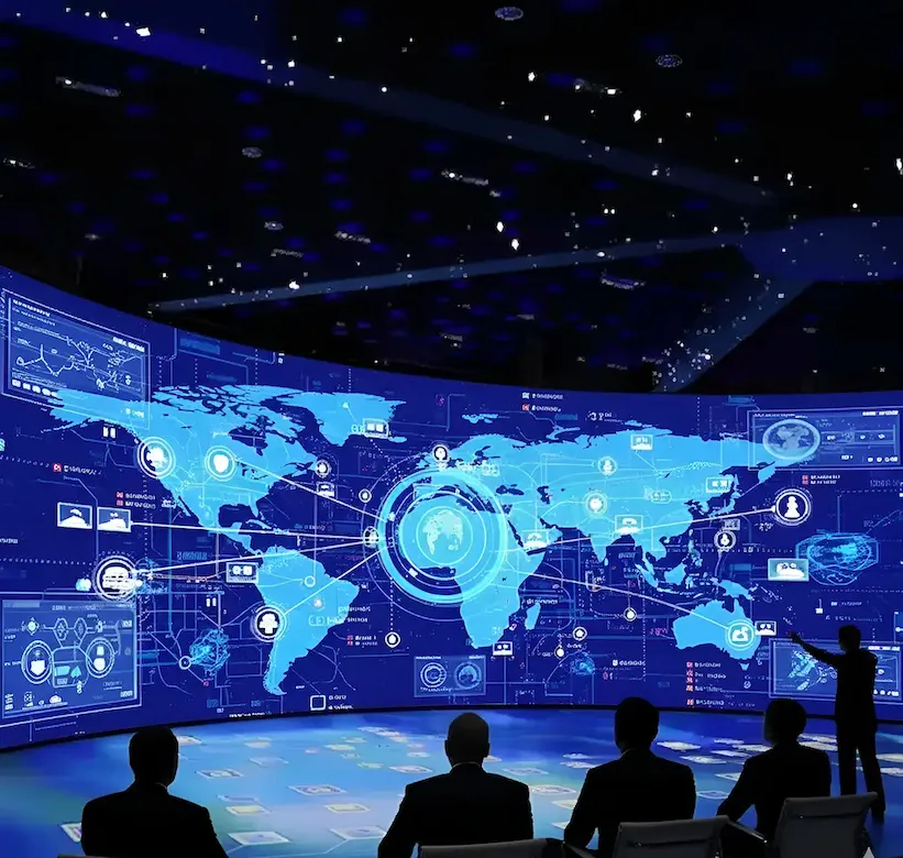 Business professionals using interactive LED display for presentation