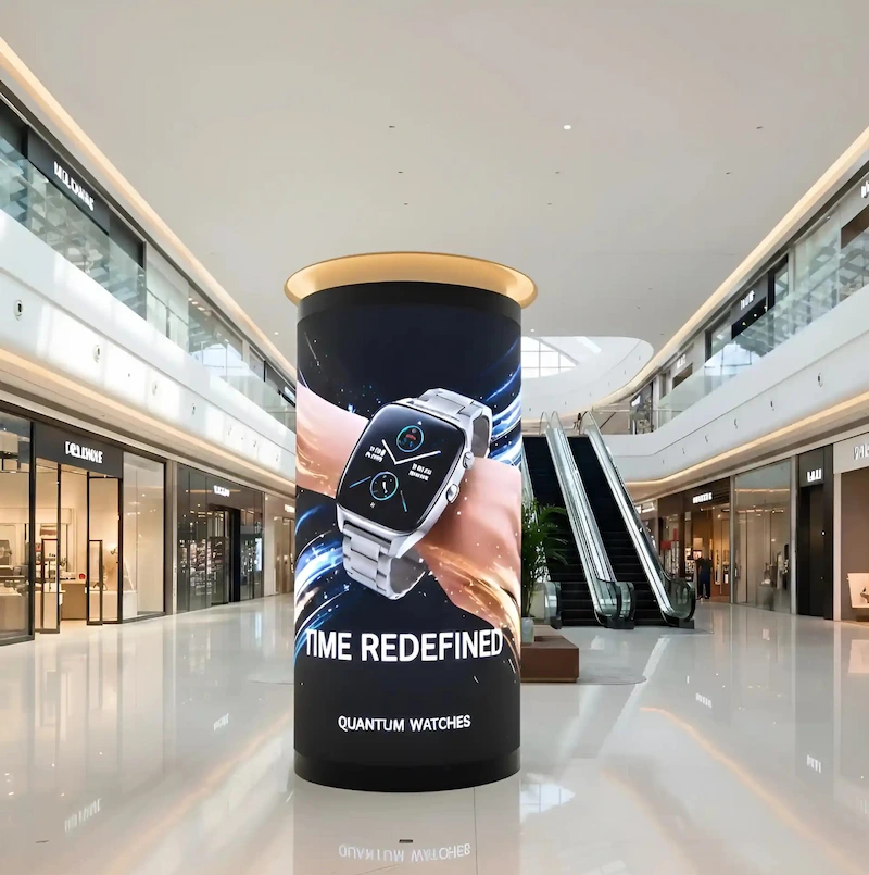 Cylindrical LED display in mall showcasing watch
