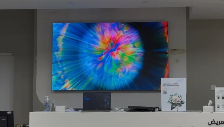 Indoor LED screen displaying vibrant visuals