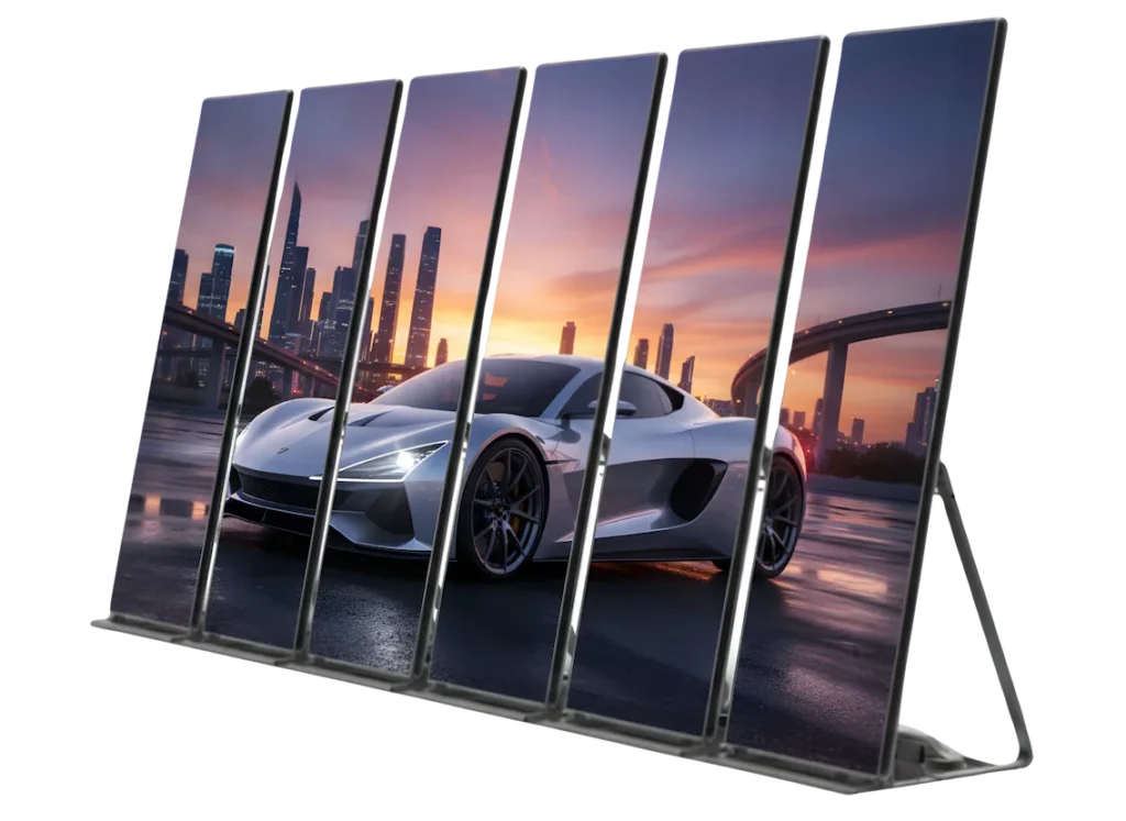 Six LED poster displays showing a car image in a cascading arrangement