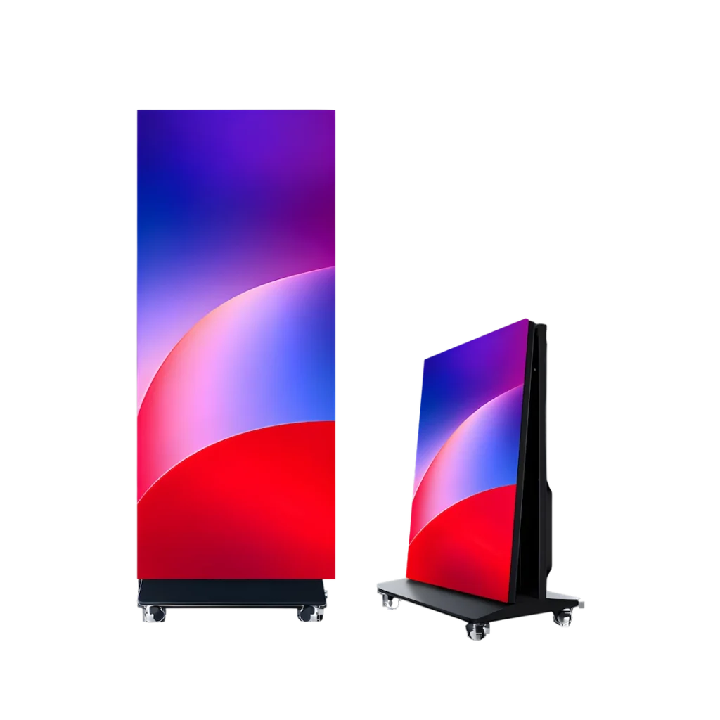 Foldable poster screen shown from two different angles, showcasing various colors