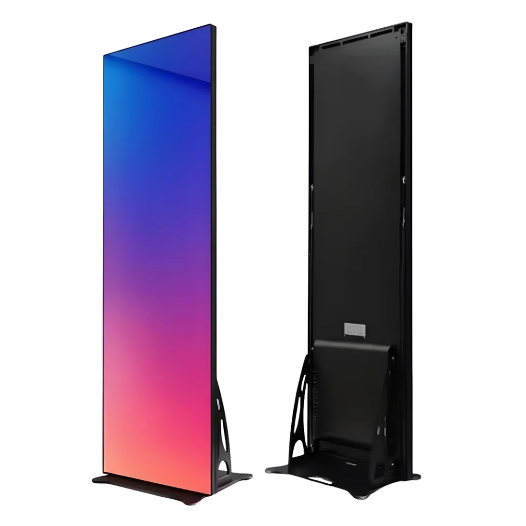 Indoor LED poster display shown from the front and back, showing a colourful design