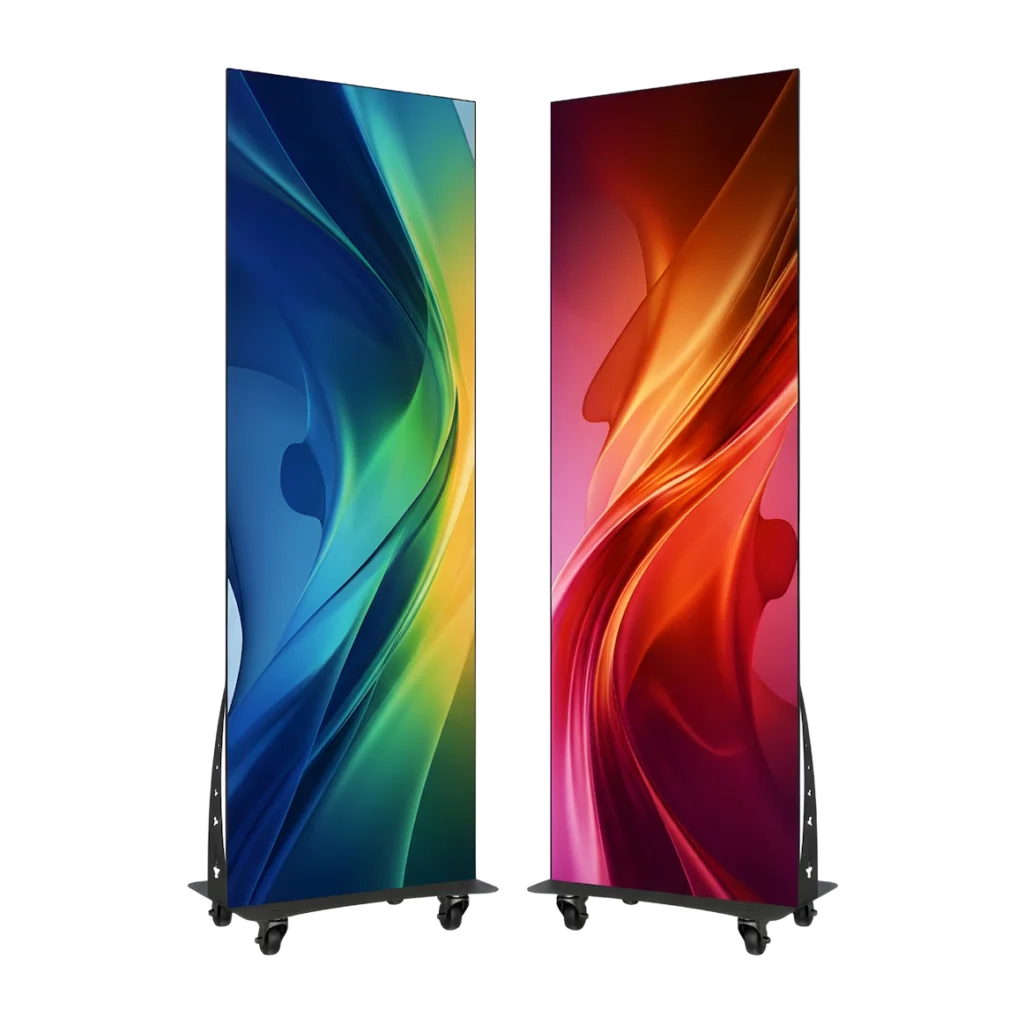 Two large, movable LED poster displays side by side, showcasing vibrant designs