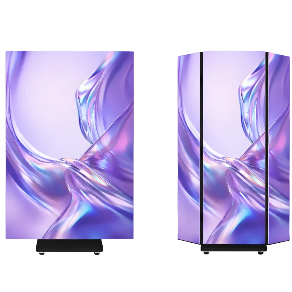 Tri-fold LED poster screen shown from two different angles
