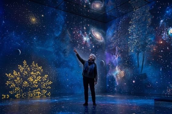 Man viewing immersive LED screen with stars and planets