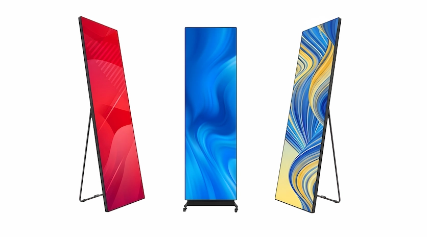 Three colorful LED poster displays in different sizes