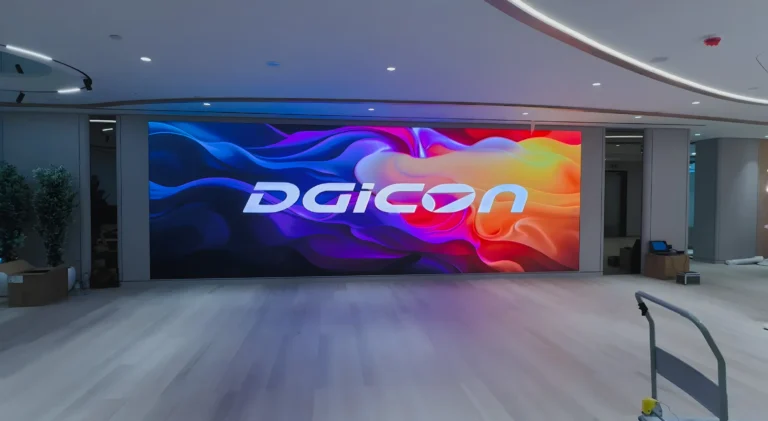 Indoor lobby LED screen displaying DGICON logo