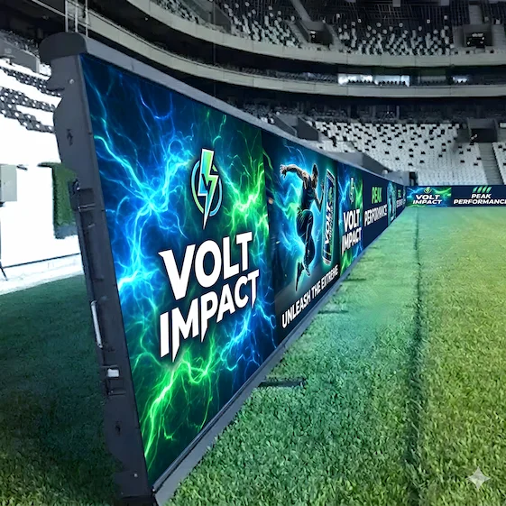 Stadium LED screen displaying energy drink advertisement