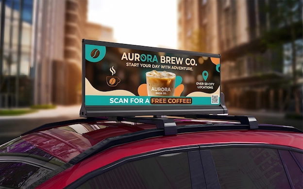 Taxi LED screen displaying coffee promotion ad