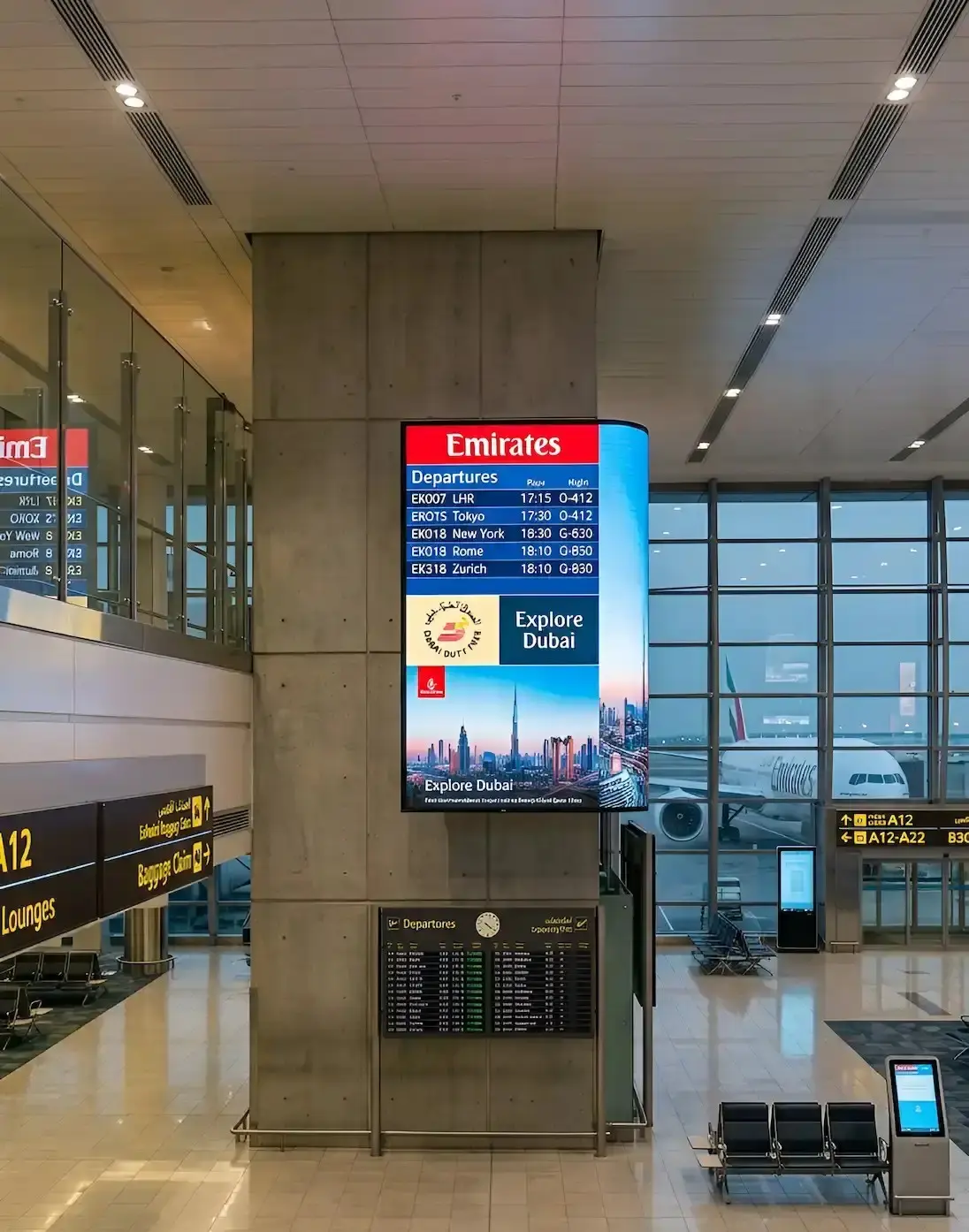 Digital display screen in airport terminal showing flight and time information