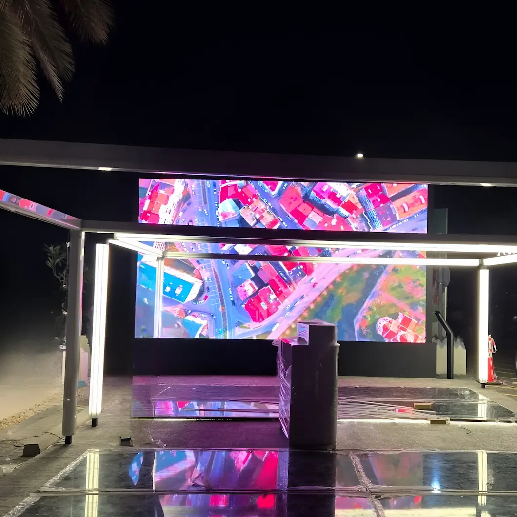 Outdoor LED signage displaying vibrant visuals in public space